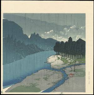 Japanese Print "Rain At Okutama River - 雨の奥多摩" by Kawase Hasui, 川瀬巴水 (Hasui, Kawase)