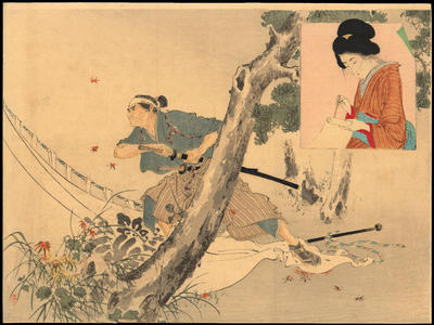 水野年方: Samurai and Bijin Poet (1) - Ohmi Gallery