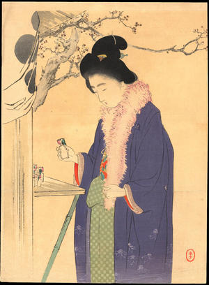 水野年方: Woman Visiting a Temple in the New Year (1) - Ohmi Gallery