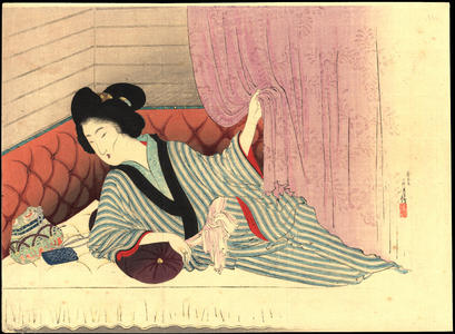水野年方: Woman resting on a futon (1) - Ohmi Gallery