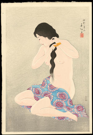 名取春仙: Combing Her Hair - 髪梳る女 - Ohmi Gallery