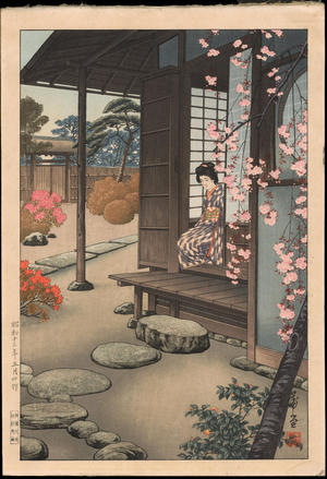 Saito, Hodo: Bijin By A Garden Engawa in Spring - Gumyo-ji Kannon-do (1) - Ohmi Gallery
