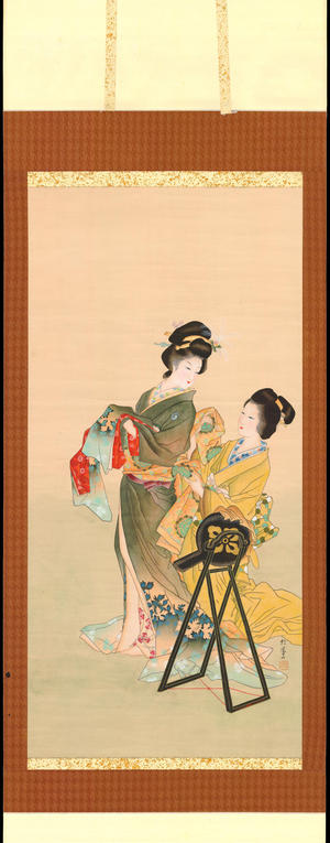 Shoen Uemura: Geisha Dressing with Attendant (1) - Ohmi Gallery