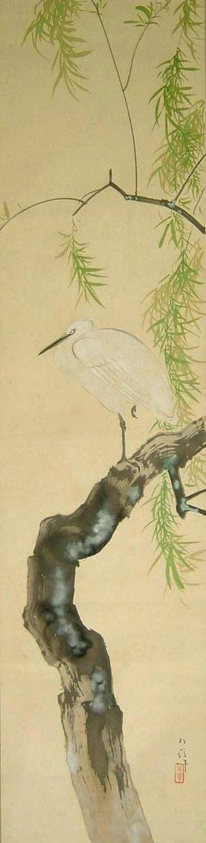 渡辺小華: White Heron On Willow (1) - Ohmi Gallery