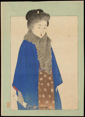 武内桂舟: Bijin in Blue Overcoat (1) - Ohmi Gallery