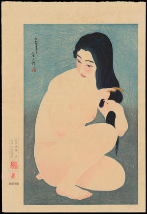 鳥居言人: No. 12 - Combing In The Bath - 裸婦髪梳き - Ohmi Gallery
