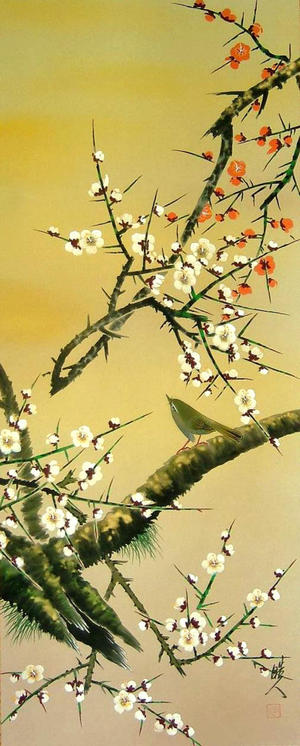 無款: Bush Warbler on Plum Tree - Ohmi Gallery