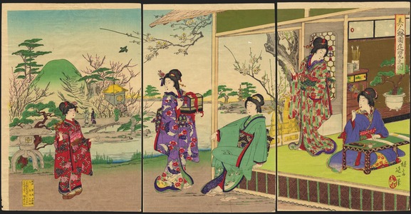 Watanabe Nobukazu: View of Beauties In A Plum Garden - 美人梅園遊覧之図 - Ohmi Gallery