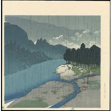 Estampe japonaise "Rain At Okutama River - 雨の奥多摩" par Kawase Hasui, 川瀬巴水 (Hasui, Kawase)