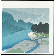 Kawase Hasui, 川瀬巴水 (Hasui, Kawase)创作的日本版画《Rain At Okutama River - 雨の奥多摩》