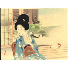 Mizuno Toshikata: Bijin By Bamboo Screen - 簾影美人 - Ohmi Gallery