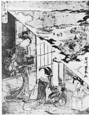 Utagawa Toyoharu: 「やよい 雛祭汐干」 - Ritsumeikan University