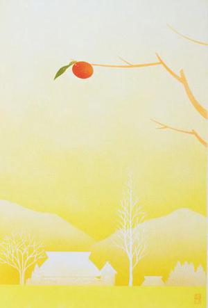 Unknown: Yellow Farm with Red Persimmon - Robyn Buntin of Honolulu