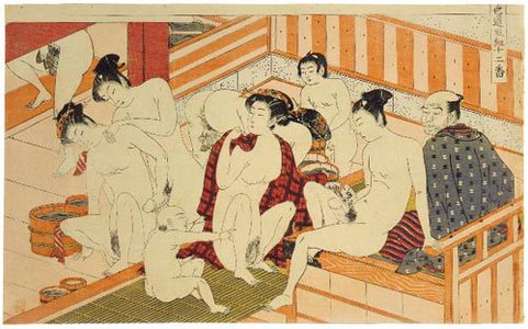 Isoda Koryusai: Twelve Bouts of Sensuality: men and women intermingling in bathouse - Scholten Japanese Art