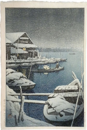 川瀬巴水: Snow at Mukojima (Yuki no Mukojima) - Scholten Japanese Art