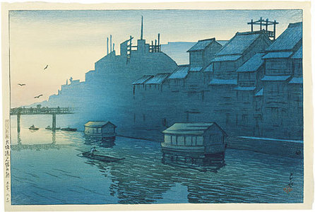 Kawase Hasui: Souvenirs of Travel, Second Series: Morning at Dotonbori in Osaka (Tabi miyage dainishu: Osaka dotonbori no asa) - Scholten Japanese Art