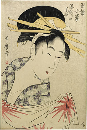 喜多川歌麿: Komurasaki of the Tamaya House After a Bath (Gyokuro Komurasaki Yuagari no Fuzei) - Scholten Japanese Art