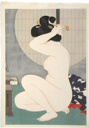 Hirano Hakuho: Woman Arranging Hair Before a Window (suggested title) - Scholten Japanese Art