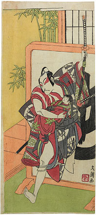 一筆斉文調: Ichikawa Danjuro V in the role of Yakushiji Jirouzaemon bursting through a tsuitate (standing screen) - Scholten Japanese Art