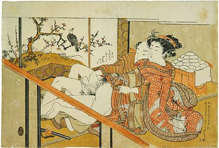 Isoda Koryusai: couple making love in front of a mochi stand - Scholten Japanese Art