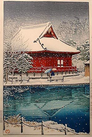 川瀬巴水: Snow at Shinobazu Benten Shrine (Shinobazu benten jingu no yuki) - Scholten Japanese Art