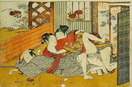 Isoda Koryusai: Prosperous Flowers of the Elegant Twelve Seasons: young couple making love while older man sleeps - Scholten Japanese Art