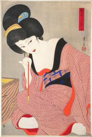 Ōhira Kasen: Twenty-Four Figures of Charming Women: Three, Before the Mirror (suggested title) (Adesugata Nijushiko: Kagami no mae, san) - Scholten Japanese Art