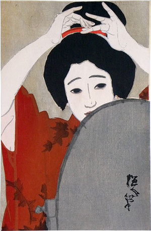 北野恒富: Seasons of the Pleasure Quarters: no. 4, Shinchi in Winter, Before the Mirror (Kuruwa no shunju: Dai-yon, fuyu [Shinchi], Kagami no mae) - Scholten Japanese Art