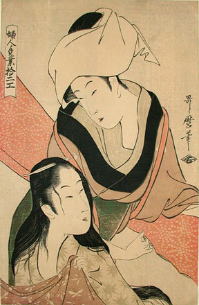 喜多川歌麿: Types of Women's Handicraft: Cloth-Stretcher (Fujin tewaza junik-ko: shinshi-bari) - Scholten Japanese Art