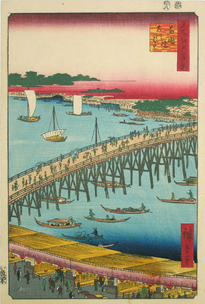 Utagawa Hiroshige: One Hundred Famous Views of Edo: Ryogoku Bridge and the Great Riverbank (Meisho Edo hyakkei: Ryogokubashi Okawabata) - Scholten Japanese Art