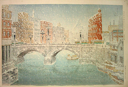 Shiba Kokan: Fifty-three Modern Views of the Tôkaidô: Nihon Bridge in the Snow (Gendai tôkaidô gojûsan tsugi no uchi: Yuki no nihonbashi) - Scholten Japanese Art