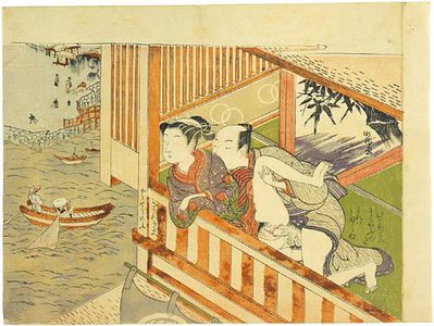 磯田湖龍齋: couple making love on veranda overlooking a river - Scholten Japanese Art