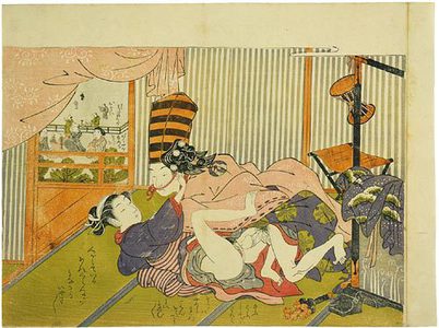 Isoda Koryusai: man dressed as a sambaso dancer making love to a courtesan - Scholten Japanese Art