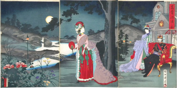 豊原周延: Aristocrats [Emperor Meiji] Enjoying the Summer Cool (Koki nokyo no zu) - Scholten Japanese Art