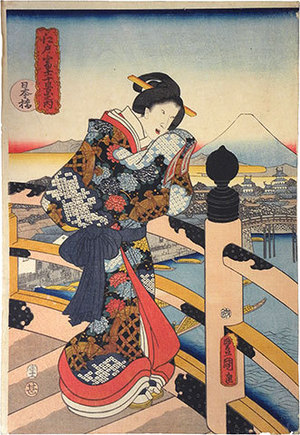 歌川国貞: Ten Views of Mt. Fuji from Edo: Nihon Bridge (Edo no Fuji jukkei no uchi: Nihonbashi) - Scholten Japanese Art