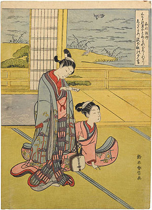 Suzuki Harunobu: Three Evenings: Autumn Evening by the Marsh, with Sandpiper - Scholten Japanese Art