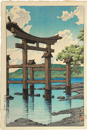 川瀬巴水: Souvenirs of Travel, Third Series: Gozanoishi Shrine at Lake Tazawa (Tabi miyage dai sanshu: Tazawako Gozanoishi) - Scholten Japanese Art