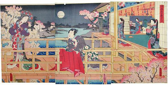 Utagawa Kunisada: Evening Cherry Blossom Viewing in the Pleasure Quarters, 1854 - Scholten Japanese Art