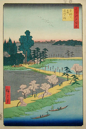 Utagawa Hiroshige, 歌川広重 (Utagawa Hiroshige)による浮世絵「One Hundred Famous Views of Edo: The Catalpa Tree with Entwined Branches, Azuma Grove (Meisho Edo hyakkei: Azuma-no-mori, renri no azusa)」