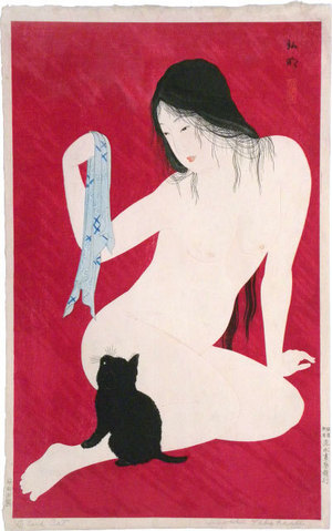Takahashi Hiroaki: Nude Playing with Cat - Scholten Japanese Art