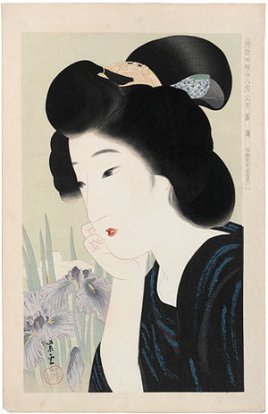 Kondo Shiun: Collection of New Ukiyo-e Style Beauties: June, Irises (Shin Ukiyo-e Bijin Awase: Roku-Gatsu, Shobu) - Scholten Japanese Art