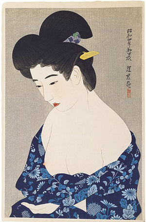 伊東深水: The First Series of Modern Beauties: New Cotton Kimono (Gendai bijinshu dai-isshu: Hatsu yukata) - Scholten Japanese Art