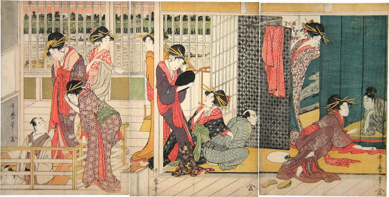 喜多川歌麿: Morning Party at the Temporary Lodgings of the Pleasure Quarters (Karitaku no kinuginu) - Scholten Japanese Art
