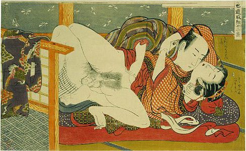 Isoda Koryusai: Twelve Bouts of Sensuality: couple in throes of love in front of a kimono stand - Scholten Japanese Art