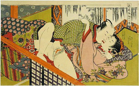 Isoda Koryusai: Twelve Bouts of Sensuality: man and woman kissing playfully in front of a bamboo screen - Scholten Japanese Art