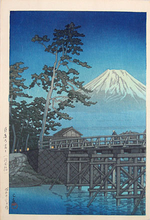 川瀬巴水: Mt. Fuji in Moonlight, Kawai Bridge (Tsukiyo no Fuji, Kawaibashi) - Scholten Japanese Art