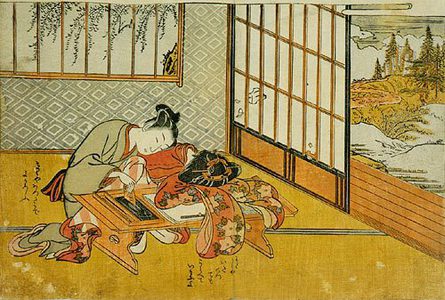 Isoda Koryusai: Prosperous Flowers of the Elegant Twelve Seasons: young boy rubbing an ink-stick on an ink-stone, while his partner sleeps - Scholten Japanese Art