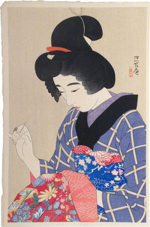 伊東深水: The First Series of Modern Beauties: A Collar for an Undergarment (Gendai bijinshu dai-isshu: Han-eri) - Scholten Japanese Art