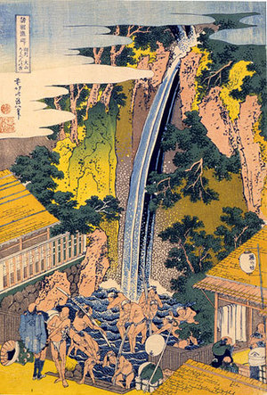 Katsushika Hokusai: A Journey to the Waterfalls in All the Provinces: Pilgrims at Roben Waterfall (Shokoku Taki Meguri: Soshu Oyama Roben no Taki) - Scholten Japanese Art