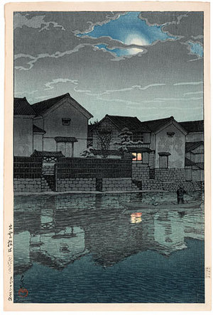 川瀬巴水: Souvenirs of Travel, Third Series: Matsue in Izumo: Hazy Moon (Tabi miyage dai sanshu: Izumo Matsue: Oborozuki) - Scholten Japanese Art